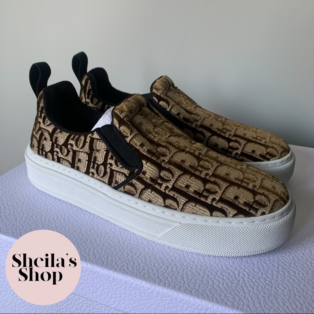 NIB Christian Dior Solar Bronze Velvet Oblique Logo Slip On Sneakers Size 36.5